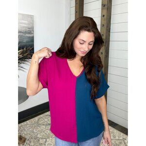 Entro Short Dolman Sleeve V Neck Split Color block Blouse